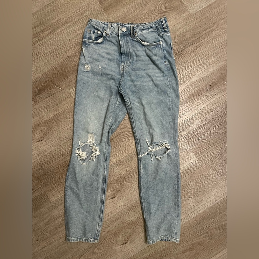 &Denim Straight Leg Distressed Jeans